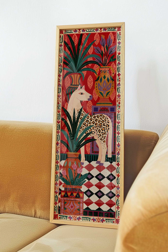 Leopar Folk Sanat Tablosu Kırmızı – Etnik Maksimalist Dikey Sanat Posteri – Ahşap Çerçeveli