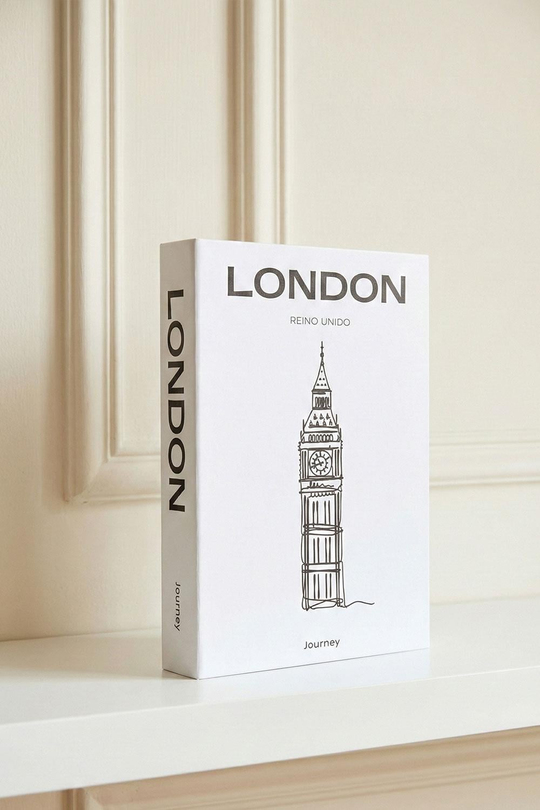Londra Temalı Minimalist Dekoratif Kitap Kutu - Big Ben Desenli Beyaz Saklama Kutusu - Seyahat Serisi