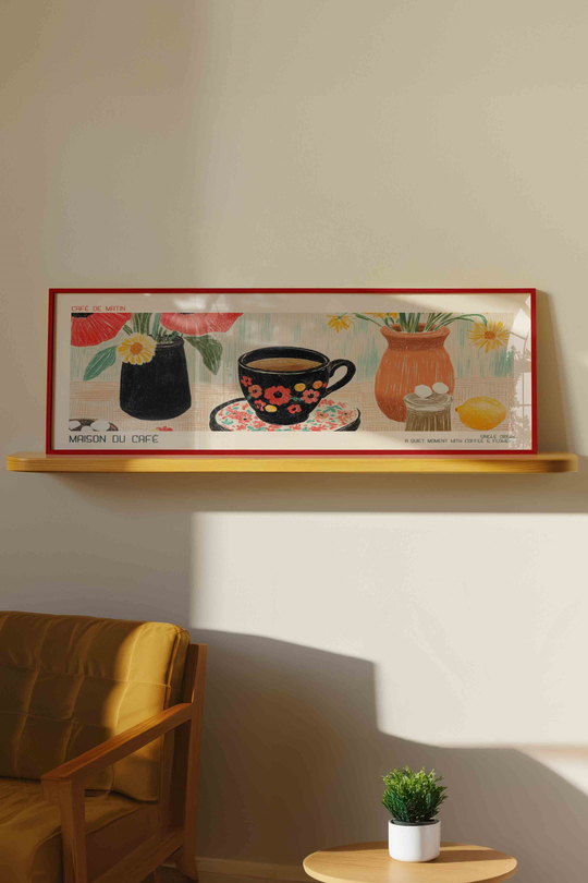 Maison du Café Kahve ve Çiçekler Panoramik Çerçeveli Tablo