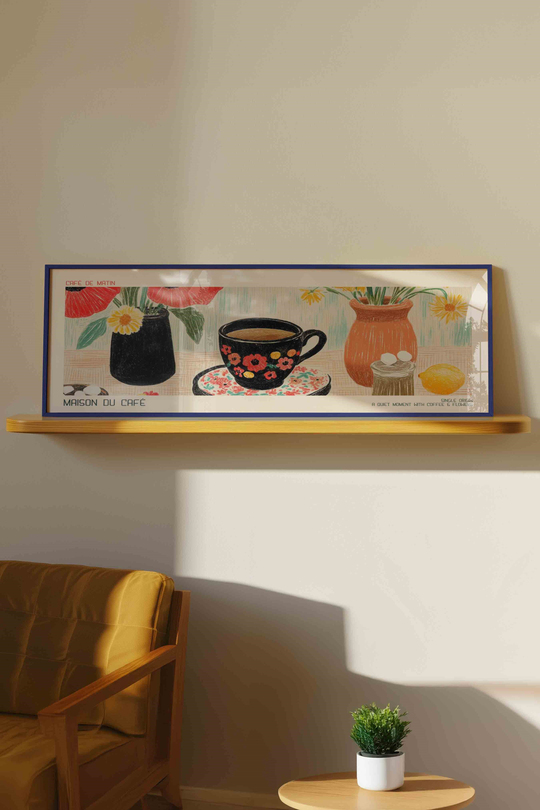Maison du Café Kahve ve Çiçekler Panoramik Çerçeveli Tablo