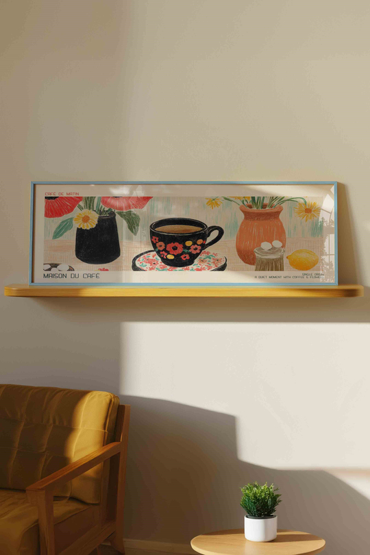 Maison du Café Kahve ve Çiçekler Panoramik Çerçeveli Tablo