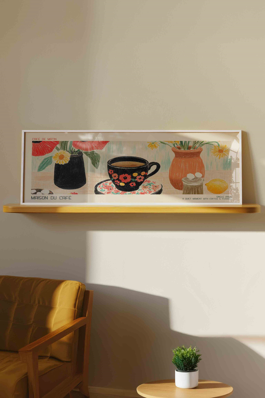 Maison du Café Kahve ve Çiçekler Panoramik Çerçeveli Tablo