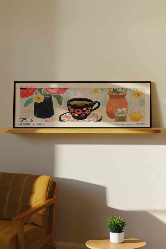Maison du Café Kahve ve Çiçekler Panoramik Çerçeveli Tablo