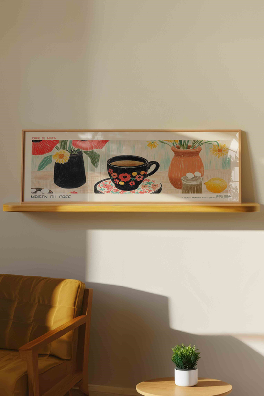 Maison du Café Kahve ve Çiçekler Panoramik Çerçeveli Tablo