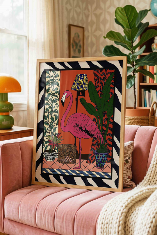 Maksimalist Pembe Flamingo Dopamin Dekor - Ahşap Çerçeveli Tablo