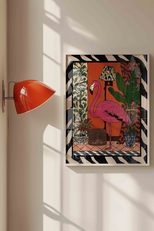 Maksimalist Pembe Flamingo Dopamin Dekor - Beyaz Çerçeveli Tablo