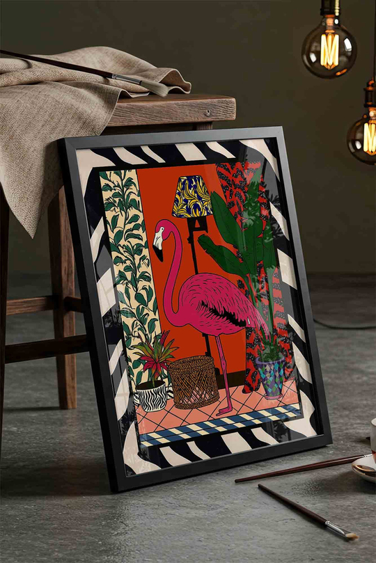 Maksimalist Pembe Flamingo Dopamin Dekor - Siyah Çerçeveli Tablo