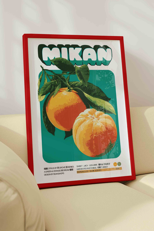 Mandalina Meyve Tablosu Retro – Vintage İllüstrasyon Sanat Posteri – Kırmızı Çerçeveli