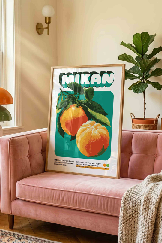 Mandalina Meyve Tablosu Retro – Vintage İllüstrasyon Sanat Posteri – Ahşap Çerçeveli
