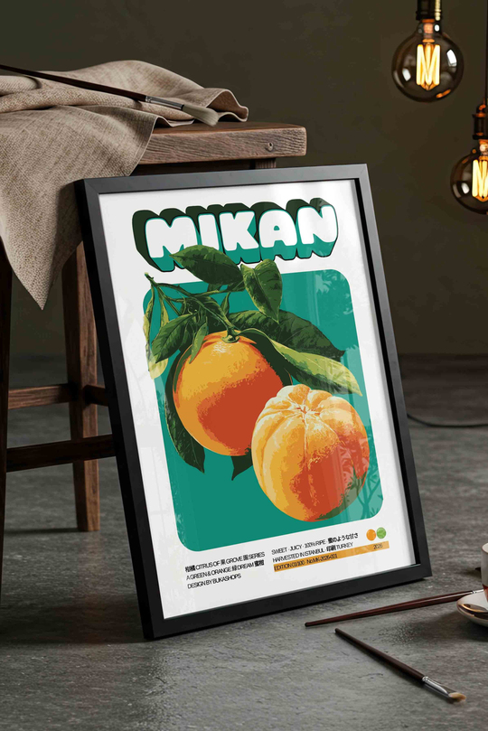 Mandalina Meyve Tablosu Retro – Vintage İllüstrasyon Sanat Posteri – Siyah Çerçeveli