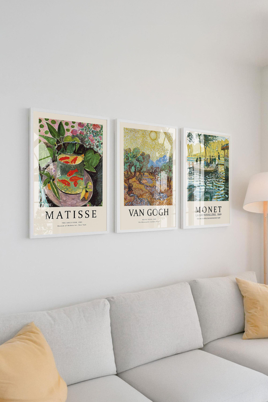 Matisse, Van Gogh, Monet 3'lü Tablo Seti Çerçeveli Renk Seçenekli