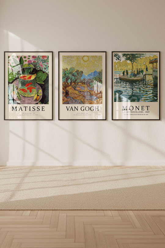Matisse, Van Gogh, Monet 3'lü Tablo Seti Çerçeveli Renk Seçenekli