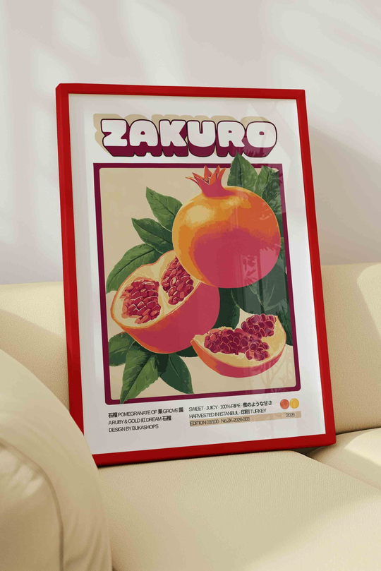 Nar Meyve Tablosu Retro – Mutfak İllüstrasyon Sanat Posteri – Kırmızı Çerçeveli