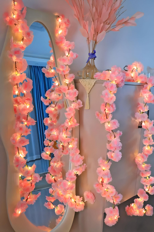 Pembe Kiraz Çiçeği Sarmaşığı ve 3 Metre LED Işık Seti - Yapay Çiçek Sarmaşık - Romantik Bahar Esintisi!
