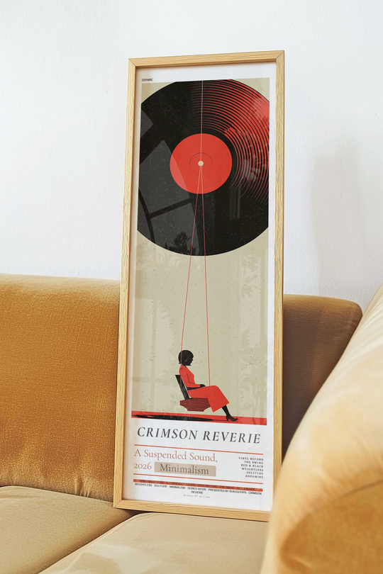 Plak ve Salıncak Tablosu Kırmızı Siyah – Minimal Retro Dikey Sanat Posteri – Ahşap Çerçeveli
