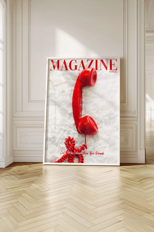 Pop-Art Magazine Kırmızı Telefon Poster - Beyaz Çerçeveli Eğlenceli Dopamine Decor Tablo