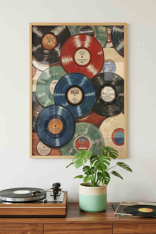 Renkli Plaklar Retro Dopamin Dekor - Ahşap Çerçeveli Tablo