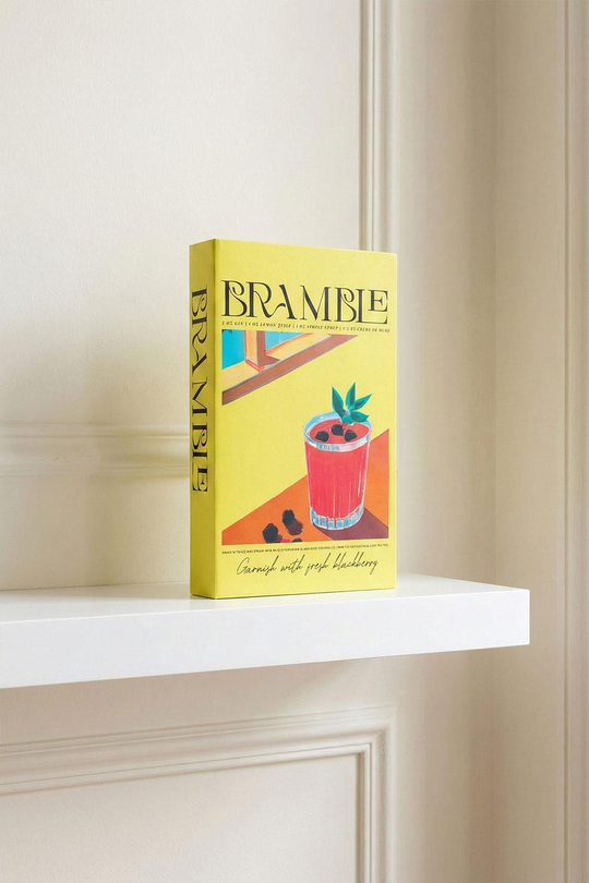 Retro Bramble Kokteyl Temalı Dekoratif Kitap Kutu - Sarı Böğürtlenli İçecek Desenli Gizli Saklama Kutusu - Bar Dekoru
