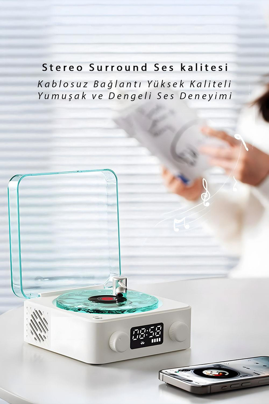 Retro Pikap Hoparlör Şarjlı Kablosuz Projektör Gece Lambası