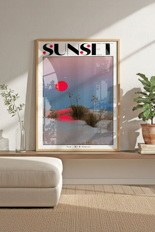 Retro Sunset Manzara Tablosu - Ahşap Çerçeveli Sürreal Poster