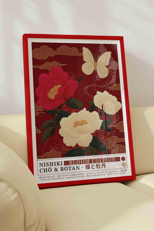 Şakayık Çiçeği Kelebek Tablosu Kırmızı – NISHIKI Nakış Sanat Posteri – Kırmızı Çerçeveli