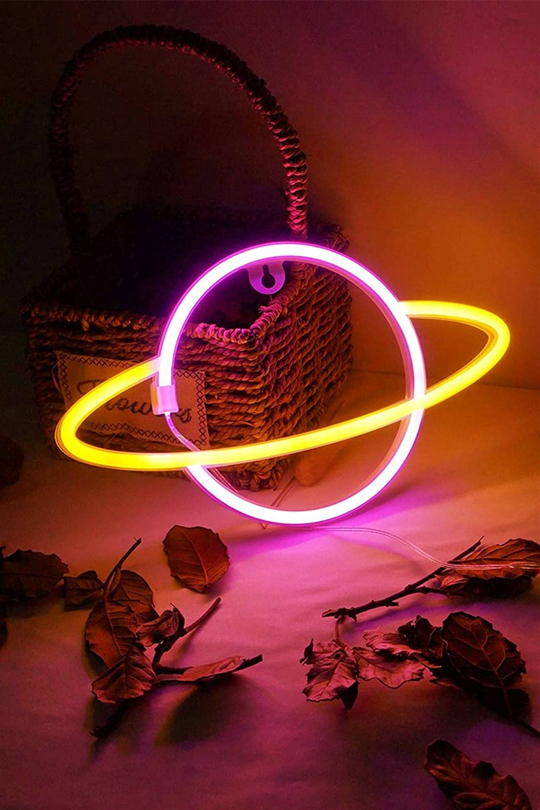 Saturn Gezegen Neon Duvar Dekoru Pembe Sarı