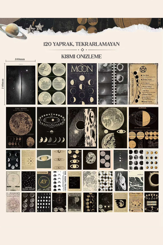 Scrapbook ve Junk Journal Materyal Kağıdı 120 Yaprak Astronomi ve Ay Evreleri - Tekrarsız Vintage Desenli Arka Plan ve Kolaj Kağıdı, Hediye Kutulu