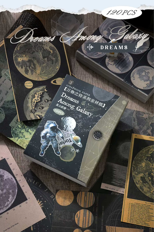 Scrapbook ve Junk Journal Materyal Kağıdı 120 Yaprak Astronomi ve Ay Evreleri - Tekrarsız Vintage Desenli Arka Plan ve Kolaj Kağıdı, Hediye Kutulu