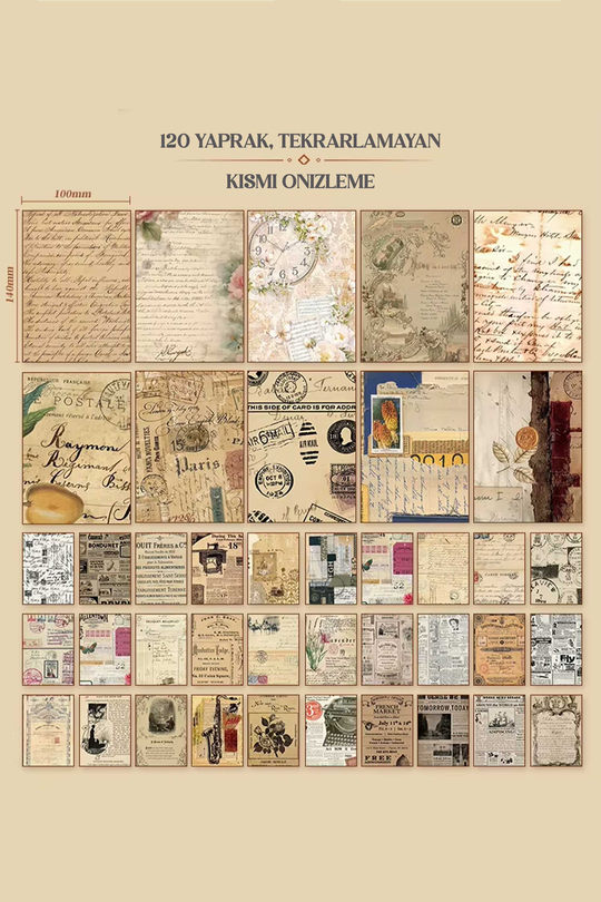 Scrapbook ve Junk Journal Materyal Kağıdı 120 Yaprak Vintage Efemera ve Antika Mektup - Tekrarsız Desenli Arka Plan ve Kolaj Kağıdı, Hediye Kutulu