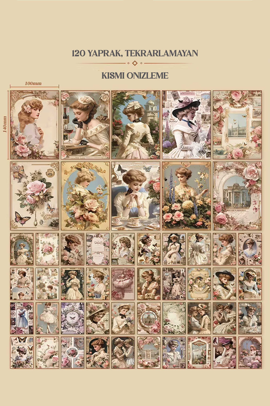 Scrapbook ve Junk Journal Materyal Kağıdı 120 Yaprak Victoria Dönemi Gül ve Portre - Tekrarsız Desenli Arka Plan ve Kolaj Kağıdı, Hediye Kutulu