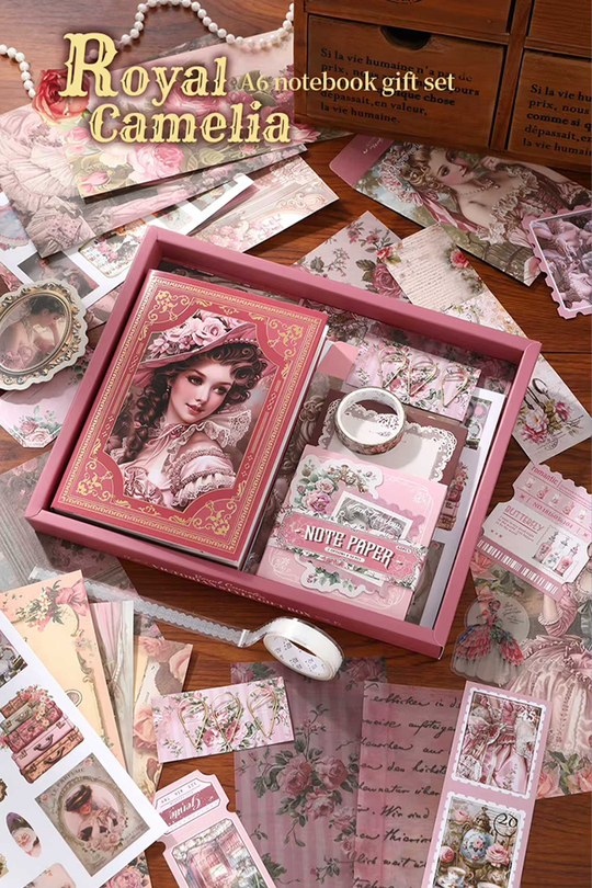 Scrapbook ve Junk Journal Seti 140 Parça Victoria Dönemi Vintage Pembe - Hediye Kutulu A6 Defter, Sticker, Washi Bant, Metal Ayraç ve Memo Pad