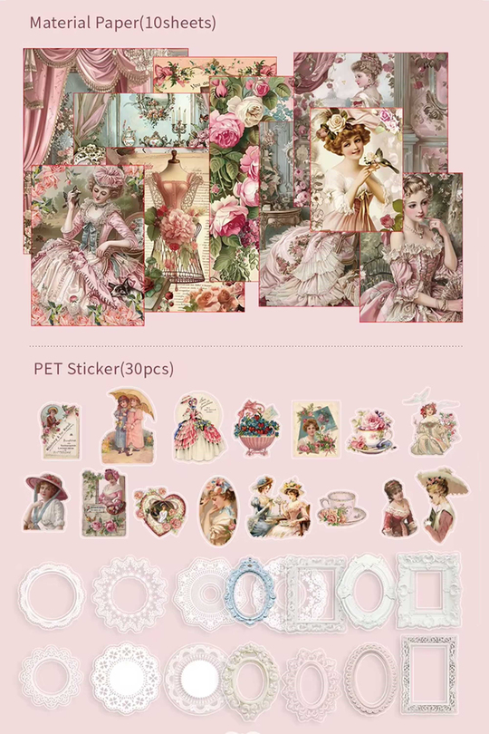 Scrapbook ve Junk Journal Seti 140 Parça Victoria Dönemi Vintage Pembe - Hediye Kutulu A6 Defter, Sticker, Washi Bant, Metal Ayraç ve Memo Pad