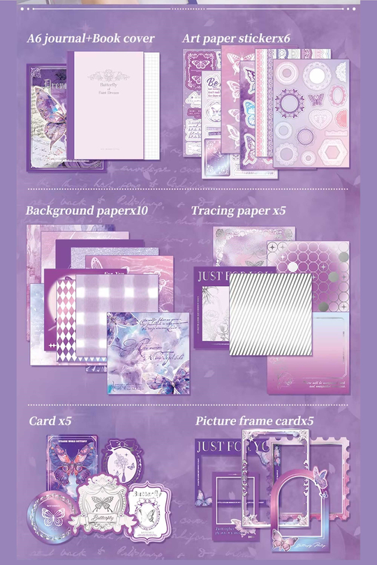 Scrapbook ve Junk Journal Seti 162 Parça Mor Kelebek Temalı - Hediye Kutulu A6 Defter, Sticker, Washi Bant, Memo Pad ve Dantel Malzemeleri