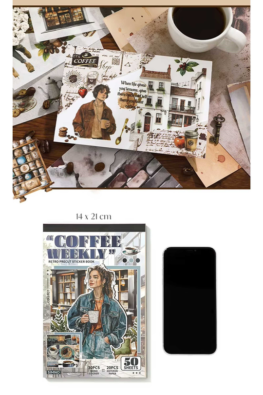 Scrapbook ve Junk Journal Sticker Seti 50 Sayfa Kahve ve Kafe Temalı - 30 Sticker + 20 Materyal Kağıdı, Bullet Journal ve Ajanda Süsleme