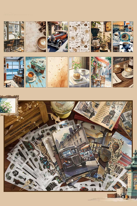 Scrapbook ve Junk Journal Sticker Seti 50 Sayfa Müze, Sanat ve Kahve Temalı - 30 Sticker + 20 Materyal Kağıdı, Bullet Journal ve Ajanda Süsleme