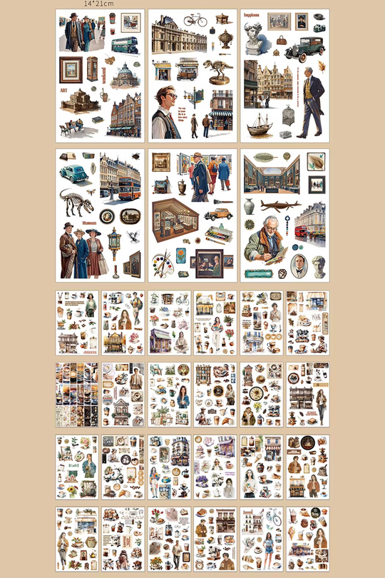 Scrapbook ve Junk Journal Sticker Seti 50 Sayfa Müze, Sanat ve Kahve Temalı - 30 Sticker + 20 Materyal Kağıdı, Bullet Journal ve Ajanda Süsleme