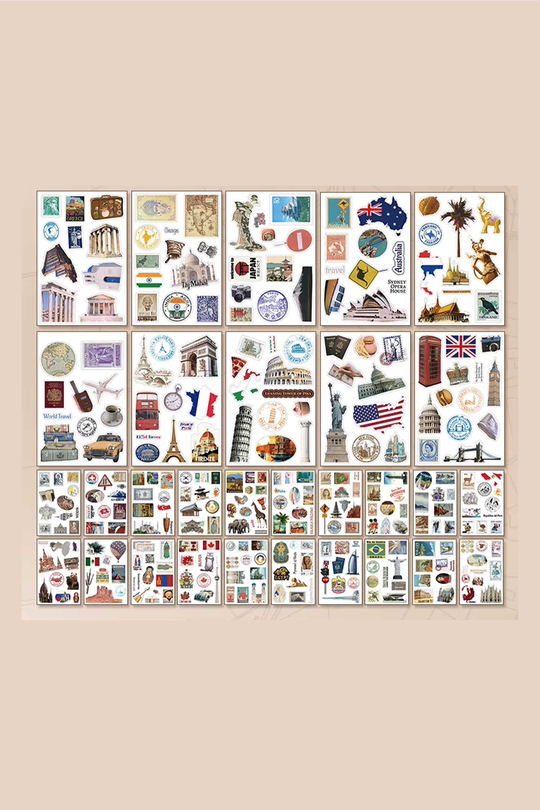 Scrapbook ve Junk Journal Sticker Seti 50 Sayfa Dünya Seyahati ve Ülke Temalı - 30 Sticker + 20 Materyal Kağıdı, Seyahat Defteri ve Ajanda Süsleme