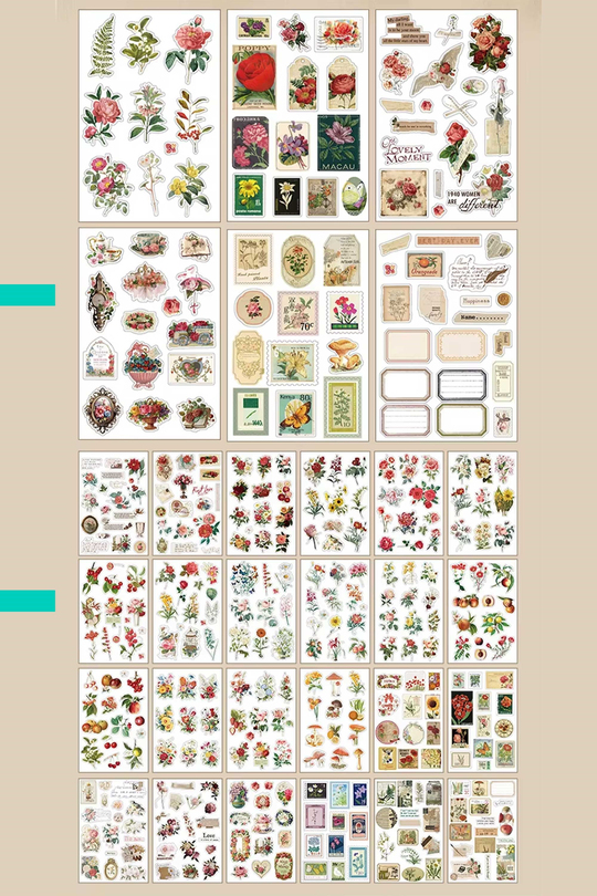 Scrapbook ve Junk Journal Sticker Seti 50 Sayfa Antika Herbaryum ve Kır Çiçeği - 30 Sticker + 20 Materyal Kağıdı, Bullet Journal ve Ajanda Süsleme