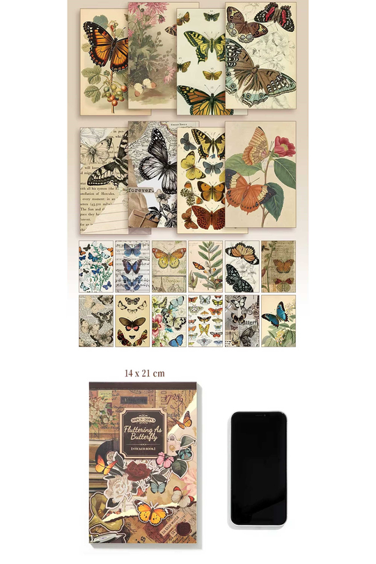 Scrapbook ve Junk Journal Sticker Seti 50 Sayfa Vintage Kelebek ve Doğa Atlası - 30 Sticker + 20 Materyal Kağıdı, Bullet Journal ve Ajanda Süsleme