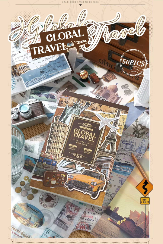 Scrapbook ve Junk Journal Sticker Seti 50 Sayfa Dünya Seyahati ve Ülke Temalı - 30 Sticker + 20 Materyal Kağıdı, Seyahat Defteri ve Ajanda Süsleme