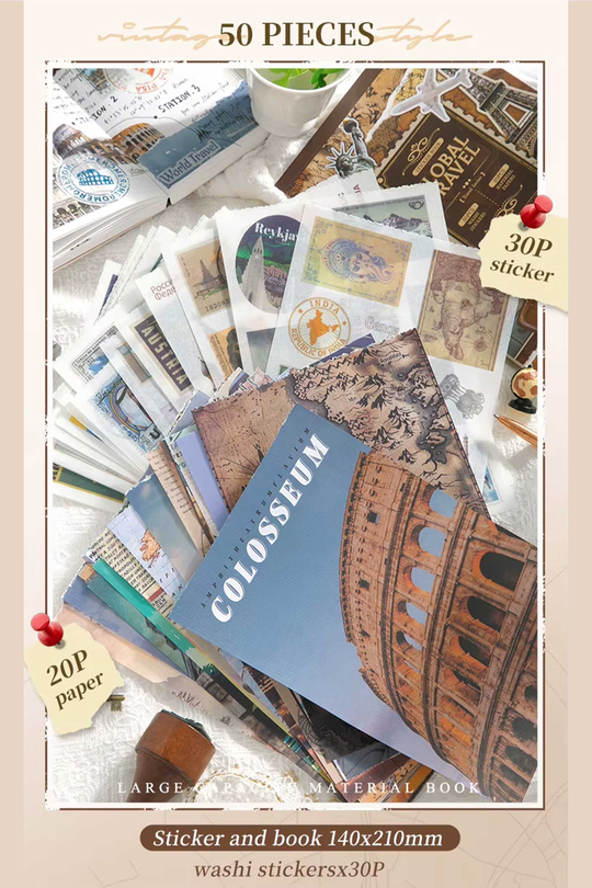 Scrapbook ve Junk Journal Sticker Seti 50 Sayfa Dünya Seyahati ve Ülke Temalı - 30 Sticker + 20 Materyal Kağıdı, Seyahat Defteri ve Ajanda Süsleme
