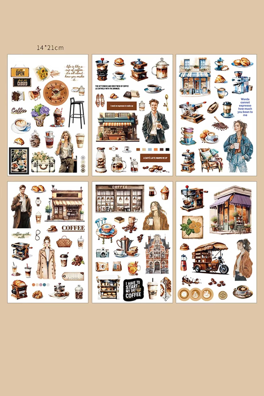 Scrapbook ve Junk Journal Sticker Seti 50 Sayfa Kahve ve Kafe Temalı - 30 Sticker + 20 Materyal Kağıdı, Bullet Journal ve Ajanda Süsleme
