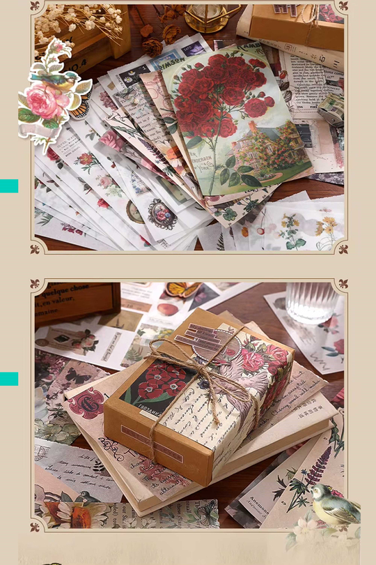 Scrapbook ve Junk Journal Sticker Seti 50 Sayfa Antika Herbaryum ve Kır Çiçeği - 30 Sticker + 20 Materyal Kağıdı, Bullet Journal ve Ajanda Süsleme