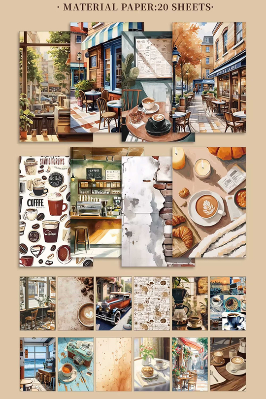 Scrapbook ve Junk Journal Sticker Seti 50 Sayfa Kahve ve Kafe Temalı - 30 Sticker + 20 Materyal Kağıdı, Bullet Journal ve Ajanda Süsleme