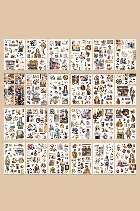 Scrapbook ve Junk Journal Sticker Seti 50 Sayfa Kahve ve Kafe Temalı - 30 Sticker + 20 Materyal Kağıdı, Bullet Journal ve Ajanda Süsleme