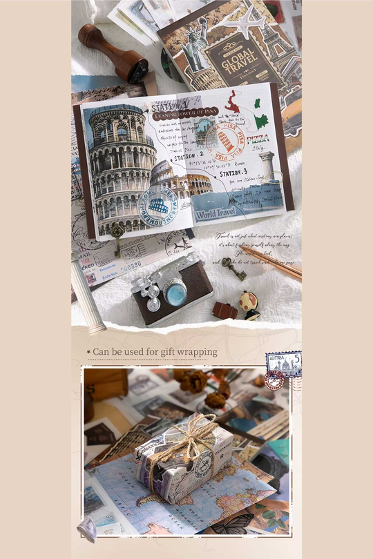Scrapbook ve Junk Journal Sticker Seti 50 Sayfa Dünya Seyahati ve Ülke Temalı - 30 Sticker + 20 Materyal Kağıdı, Seyahat Defteri ve Ajanda Süsleme