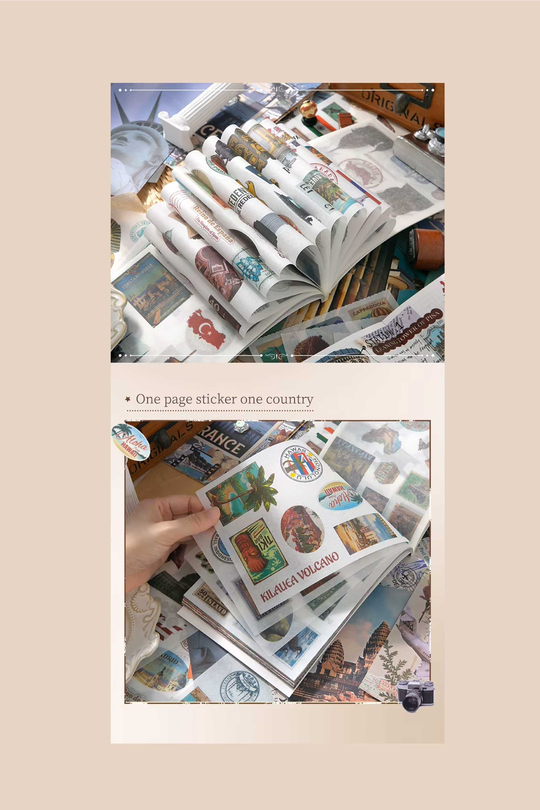Scrapbook ve Junk Journal Sticker Seti 50 Sayfa Dünya Seyahati ve Ülke Temalı - 30 Sticker + 20 Materyal Kağıdı, Seyahat Defteri ve Ajanda Süsleme