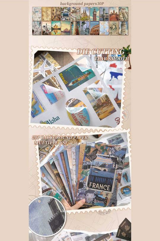 Scrapbook ve Junk Journal Sticker Seti 50 Sayfa Dünya Seyahati ve Ülke Temalı - 30 Sticker + 20 Materyal Kağıdı, Seyahat Defteri ve Ajanda Süsleme