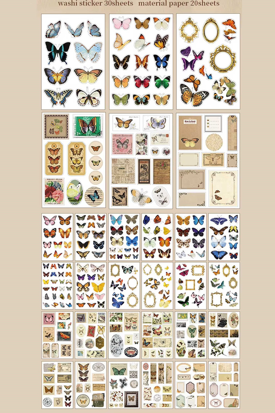 Scrapbook ve Junk Journal Sticker Seti 50 Sayfa Vintage Kelebek ve Doğa Atlası - 30 Sticker + 20 Materyal Kağıdı, Bullet Journal ve Ajanda Süsleme