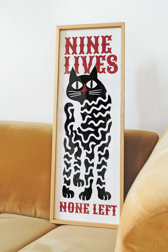 Siyah Kedi Tablosu Retro Tipografi – Minimal Grafik Dikey Sanat Posteri – Ahşap Çerçeveli